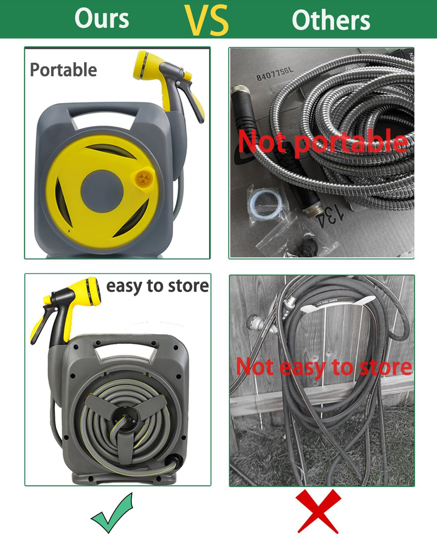 Garden Hose with Reel 50ft Expandable Water Hose with 8 Pattern Nozzle, Fits 1/2" & 3/4" Threaded Faucets,Lightweight & Flexible for Garden,Car Wash,Pet Bath,Patio Cleaning,Durable Anti-Leak Design